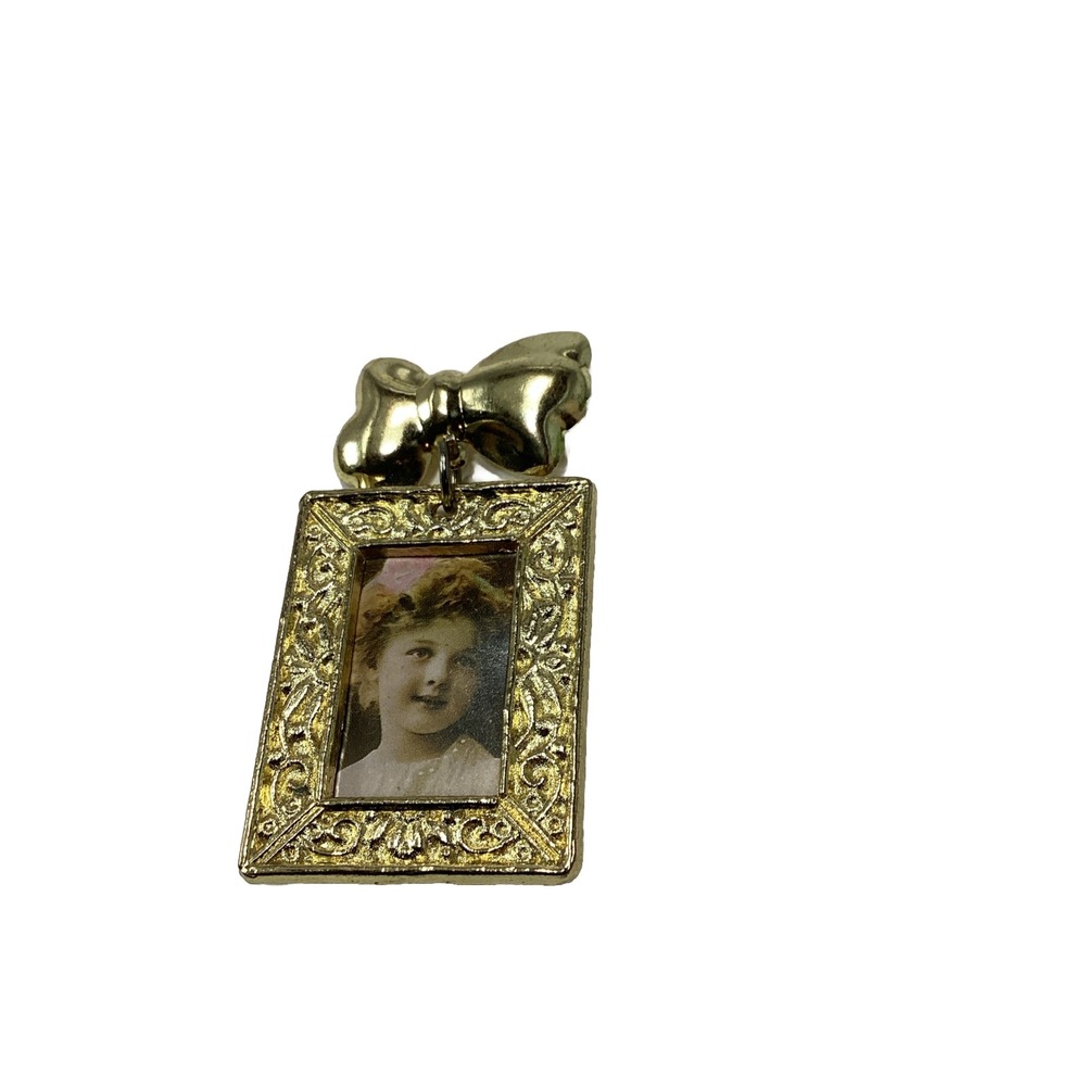 Vintage Mixed Metal Bow Dangle Photo Frame Brooch/Pin Gold Tone R.O.C.